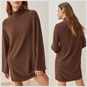 Reformation Chocolate Brown Aspen Turtleneck Knit Sweater Dress